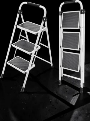 Veloravine 3-Step Folding Ladder, Steel Step Stool with Anti-Slip Wide Pedals, 15.94"W x 35.63"H, White
