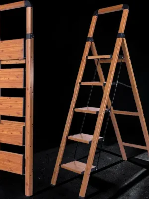 Veloravine 5-Step Folding Step Ladder, Woodgrain Aluminum Utility Stool, 330 lbs Capacity, 41.7in x 17.5in x 64in