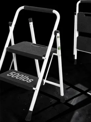 Veloravine 2-Step Folding Ladder, Steel Step Stool with Anti-Slip Wide Pedals and Handgrip, 500lbs Capacity, White