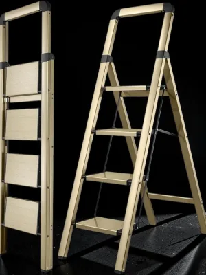 Veloravine 4-Step Folding Ladder, Aluminum Step Stool with Champagne Gold Finish, 330 lbs Capacity, 34.4L x 17.5W x 54.1H