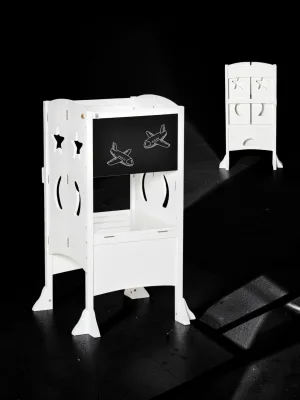 Veloravine Foldable Toddler Kitchen Stool with Blackboard and Safety Railing White 3-6 Years