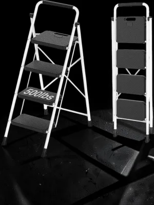 Veloravine 4-Step Ladder, Steel Folding Step Stool with Wide Anti-Slip Pedals and Handgrip, 500lbs Capacity, White