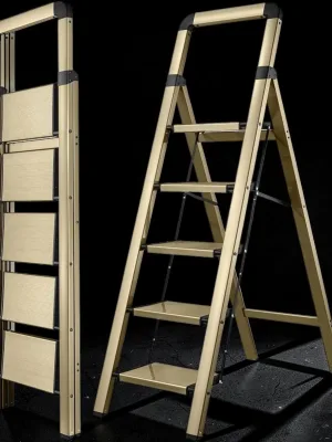 Veloravine 5-Step Folding Step Ladder, Aluminum Champagne Gold Finish, Non-Slip Pedals, 330 lbs Capacity