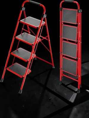 Veloravine 4-Step Folding Ladder, Heavy Duty Steel Step Stool with Wide Non-Slip Pedals and Handrail, Red